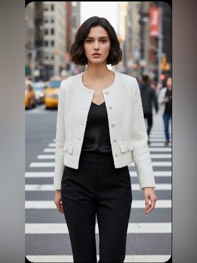 H&M White Tweed Cropped Jacket Pearl Buttons Bouclé Blazer M